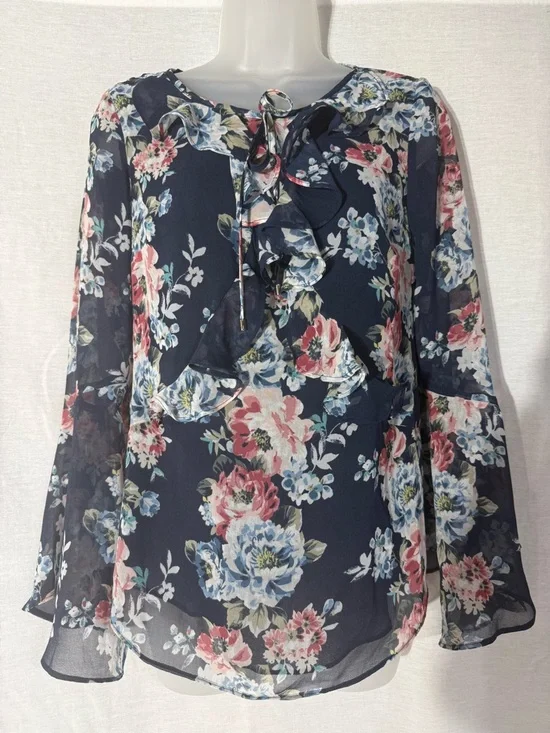 White House Black Market Navy Floral Tie-Front Blouse Size 4 - Picture 1 of 11